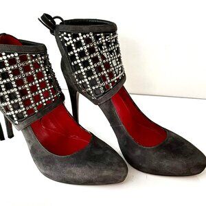 Cesare Paciotti 701910 W Suede Heels 38.5 Anthracite / Removable Crystal Cuff